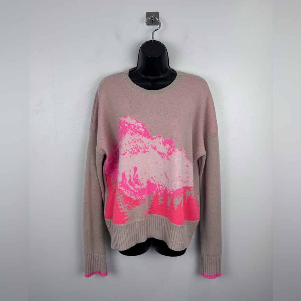 Relaxed Crewneck Sweater in Light Taupe with Hot Pink Graphic